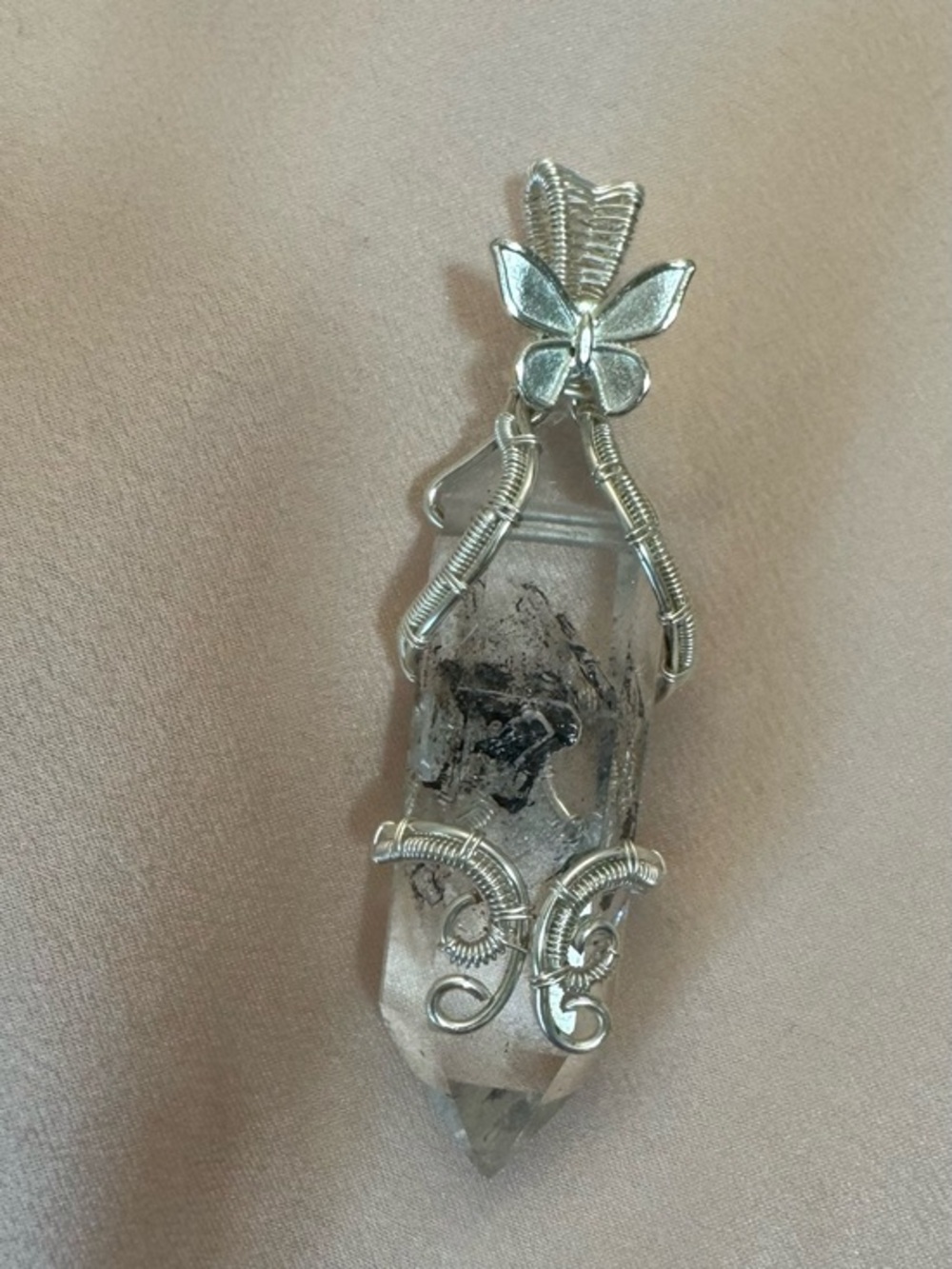 Wire wrapped herkimer diamond crystal pendant quartz manifestation butterfly